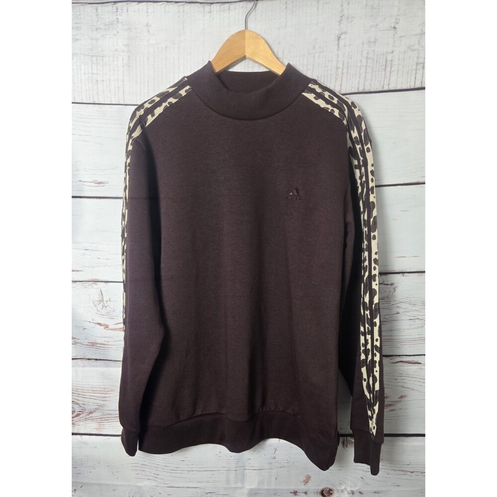 Adidas Womens Sweatshirt Large Brown Animal Print Essentials 3 Stripe Mock Neck